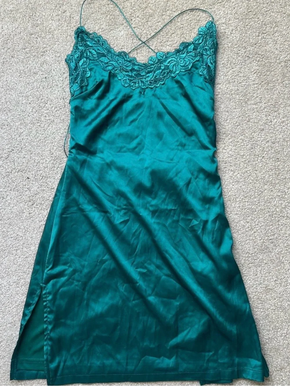Emerald Green Slip Dress with Lace Trim